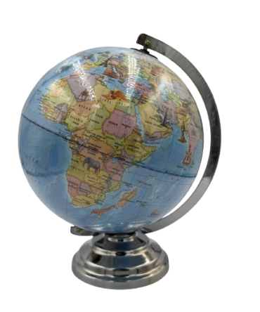 Educational political world globe featuring a blue ocean design