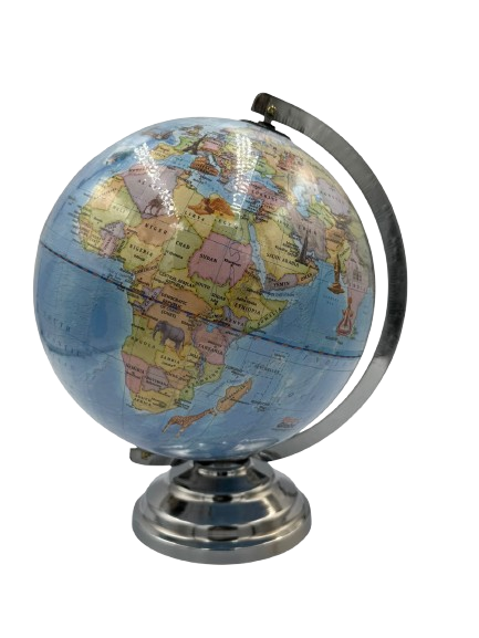 Educational political world globe featuring a blue ocean design