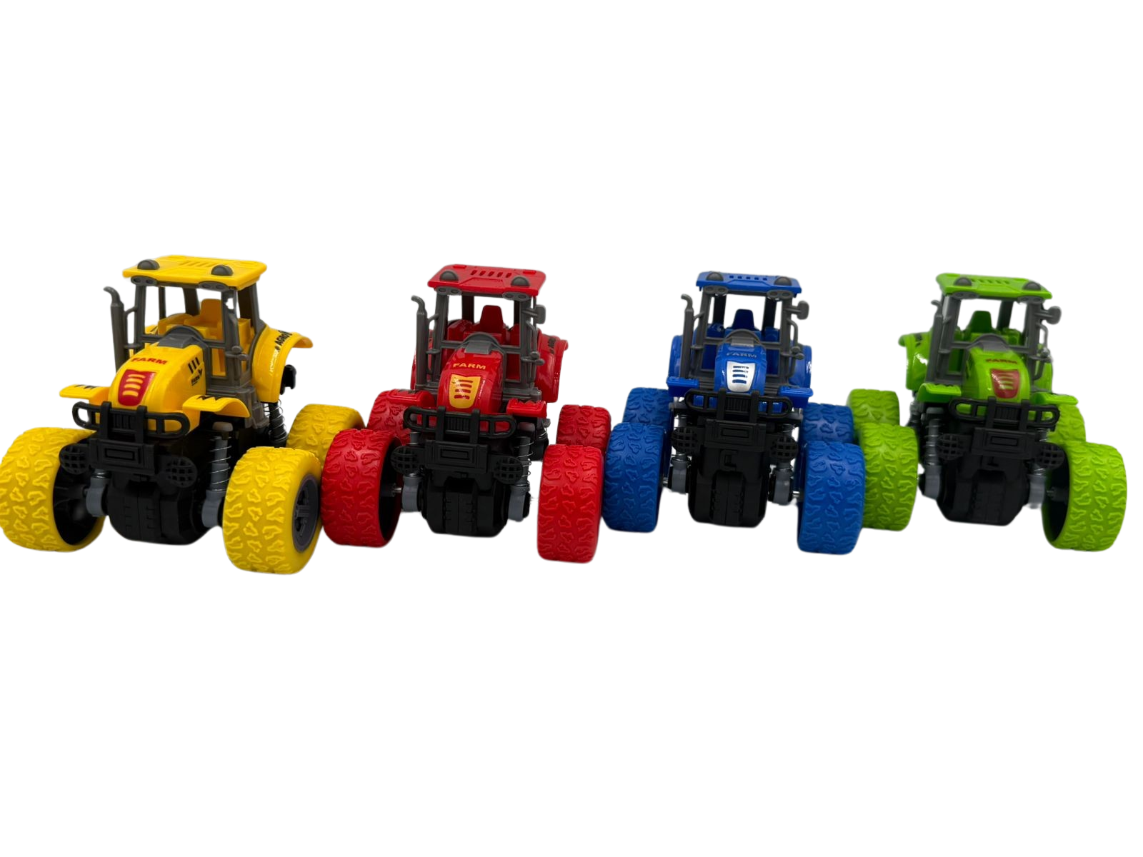 Friction-powered toy tractors with oversized