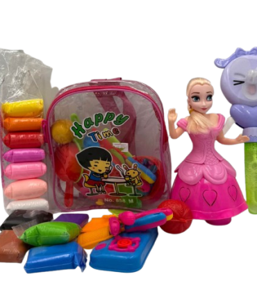 "Happy Time" toy bag with cartoon chef graphic and various brightly colored pretend-play accessories.