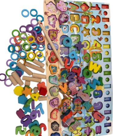 Wooden 7-in-1 Montessori learning board features vibrant number puzzles