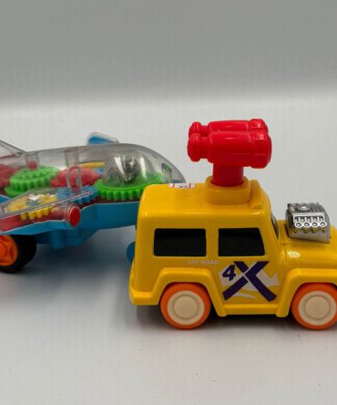 Yellow toy Jeep with a red top-mounted launcher is designed for off-road play and features "4X4"