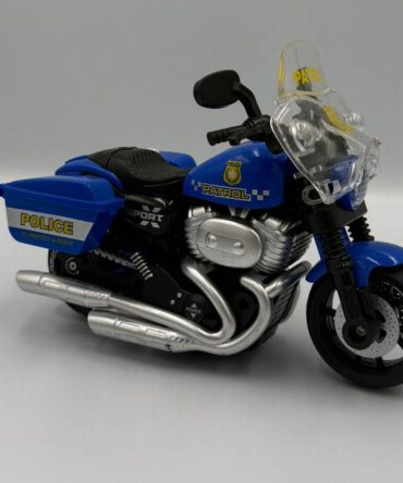 Blue toy motorcycle - "Friction Speed Police Diecast Bike Model 555" featuring realistic rubberized tires and a pull-back mechanism
