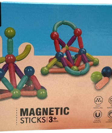 64-piece magnetic stick set designed as a STEM educational toy for children aged 3 and up