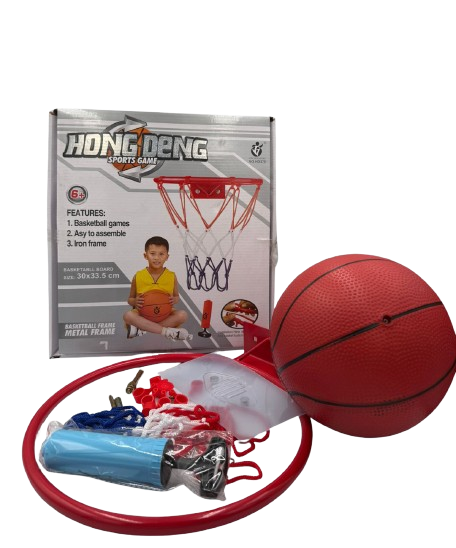 Hong Deng brand tabletop basketball game featuring a red hoop and backboard.