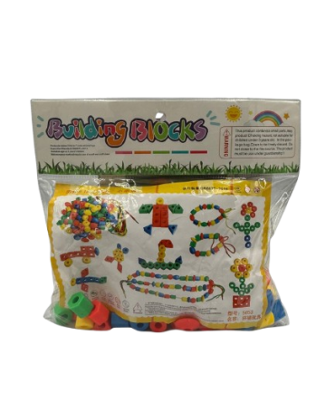 Building Blocks" threading toy set features colorful geometric shapes designed for fine motor skill development.