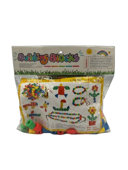 Building Blocks" threading toy set features colorful geometric shapes designed for fine motor skill development.